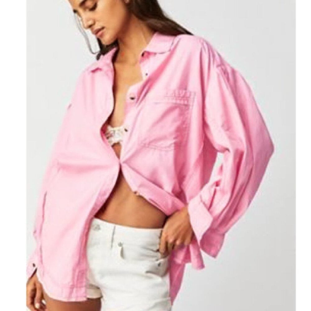 We The Free Happy Hour Solid Poplin Top Pink XS